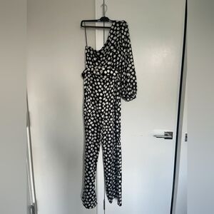 Mango Black and White Polka Dot One-Shoulder Jumpsuit